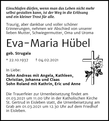 Traueranzeige von Eva-Maria Hübel von Super Sonntag Mansfelder Land