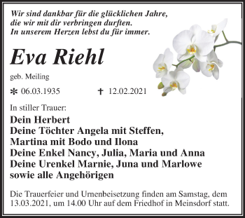 Traueranzeige von Eva Riehl von Mitteldeutsche Zeitung Dessau-Roßlau