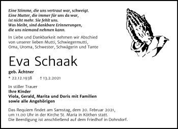 Traueranzeige von Eva Schaak von Super Sonntag Köthen