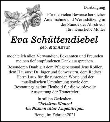 Traueranzeige von Eva Schüttendiebel von Mitteldeutsche Zeitung Sangerhausen