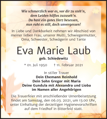 Traueranzeige von Eva Marie Laub von Mitteldeutsche Zeitung Bitterfeld