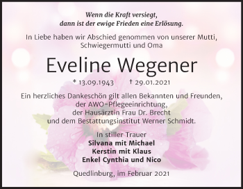 Traueranzeige von Eveline Wegener von Super Sonntag Quedlinburg