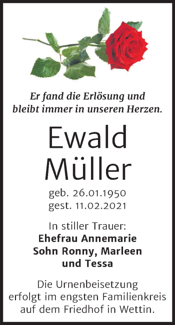 Traueranzeige von Ewald Müller von Mitteldeutsche Zeitung Halle/Saalkreis