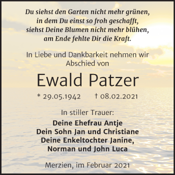 Traueranzeige von Ewald Patzer von Super Sonntag Köthen
