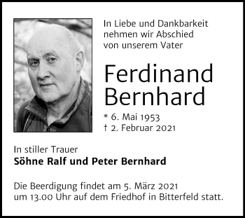 Traueranzeige von Ferdinand Bernhard von Mitteldeutsche Zeitung Bitterfeld