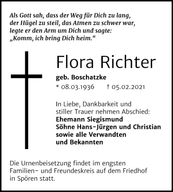 Traueranzeige von Flora Richter von Mitteldeutsche Zeitung Bitterfeld