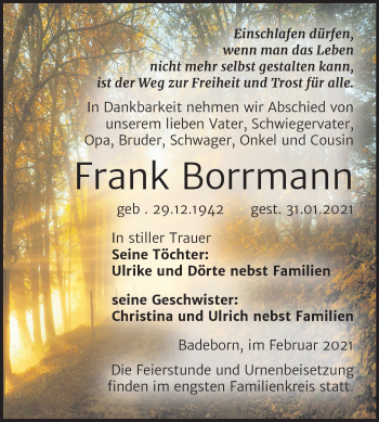 Traueranzeige von Frank Borrmann von Mitteldeutsche Zeitung Quedlinburg