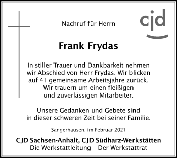 Traueranzeige von Frank Frydas von Super Sonntag Sangerhausen
