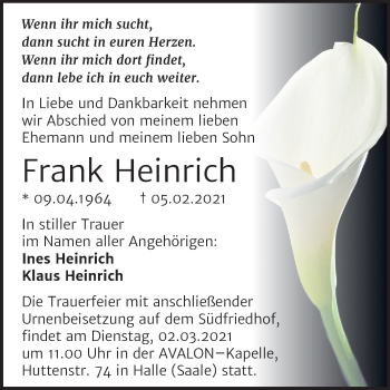 Traueranzeige von Frank Heinri von Mitteldeutsche Zeitung Halle/Saalkreis