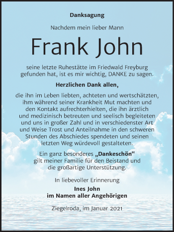 Traueranzeige von Frank John von Mitteldeutsche Zeitung Merseburg/Querfurt