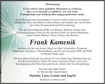 Traueranzeige von Frank Kamenik von Mitteldeutsche Zeitung Dessau-Roßlau