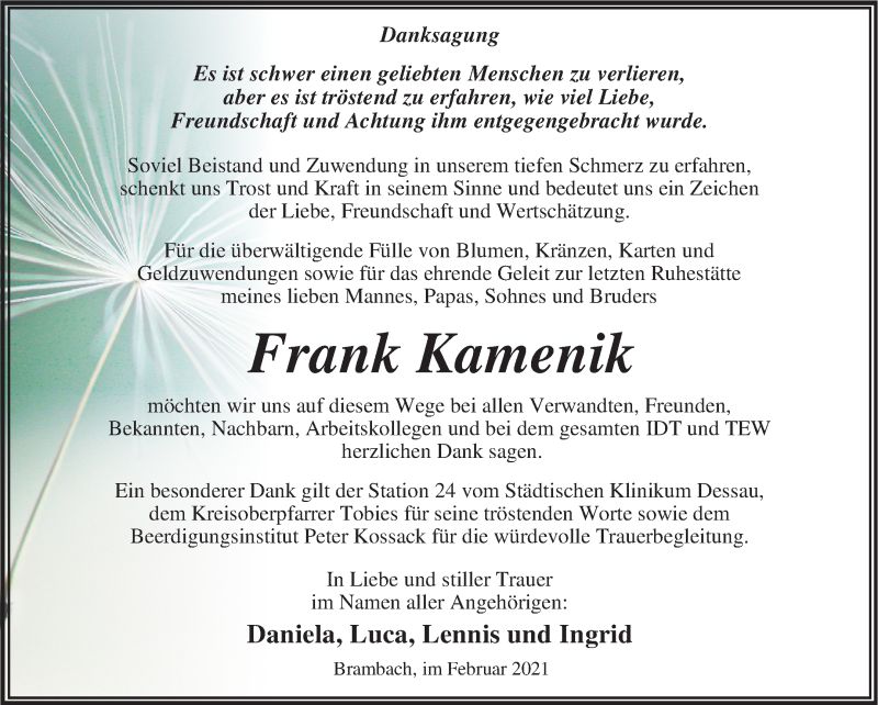  Traueranzeige für Frank Kamenik vom 20.02.2021 aus Mitteldeutsche Zeitung Dessau-Roßlau