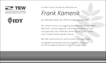 Traueranzeige von Frank Kamenik von Mitteldeutsche Zeitung Dessau-Roßlau