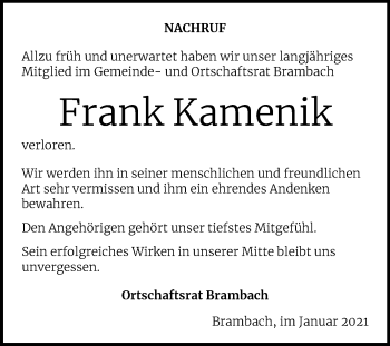 Traueranzeige von Frank Kamenik von Mitteldeutsche Zeitung Dessau-Roßlau