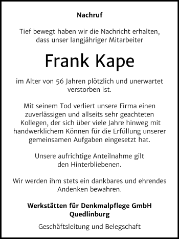 Traueranzeige von Frank Kape von Super Sonntag Quedlinburg