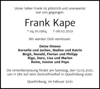 Traueranzeige von Frank Kape von Super Sonntag Quedlinburg