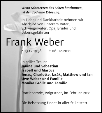 Traueranzeige von Frank Weber von Mitteldeutsche Zeitung Sangerhausen