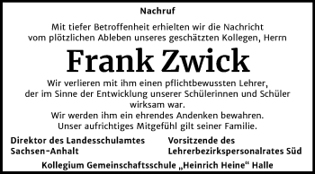 Traueranzeige von Frank Zwick von Mitteldeutsche Zeitung Halle/Saalkreis