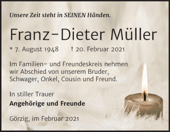 Traueranzeige von Franz-Dieter Müller von Mitteldeutsche Zeitung Köthen