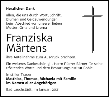 Traueranzeige von Franziska Märtens von Super Sonntag Merseburg/Querfurt