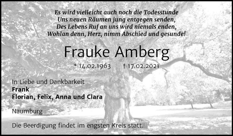  Traueranzeige für Frauke Amberg vom 20.02.2021 aus Mitteldeutsche Zeitung Naumburg/Nebra