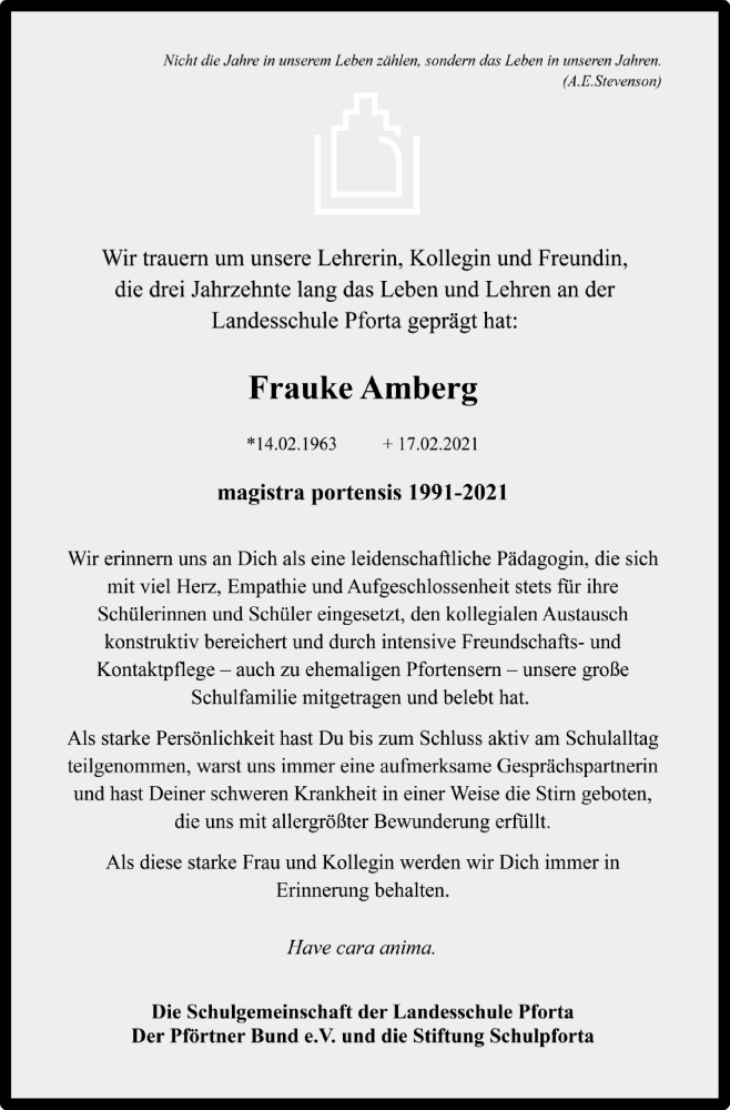  Traueranzeige für Frauke Amberg vom 24.02.2021 aus Mitteldeutsche Zeitung Naumburg/Nebra