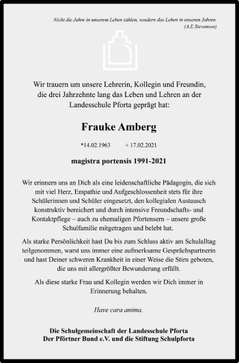 Traueranzeige von Frauke Amberg von Mitteldeutsche Zeitung Naumburg/Nebra