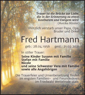 Traueranzeige von Fred Hartmann von Super Sonntag Mansfelder Land