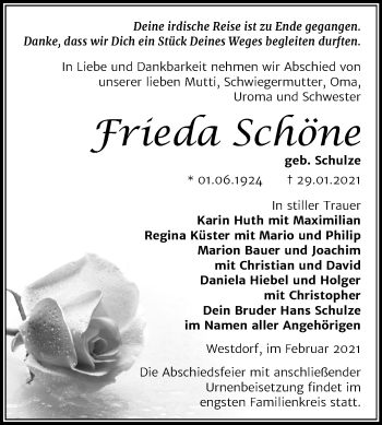 Traueranzeige von Frieda Schöne von Super Sonntag Aschersleben