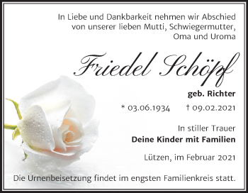 Traueranzeige von Friedel Schöpf von Mitteldeutsche Zeitung Weißenfels