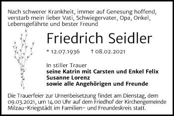 Traueranzeige von Friedrich Seidler von Super Sonntag Merseburg/Querfurt