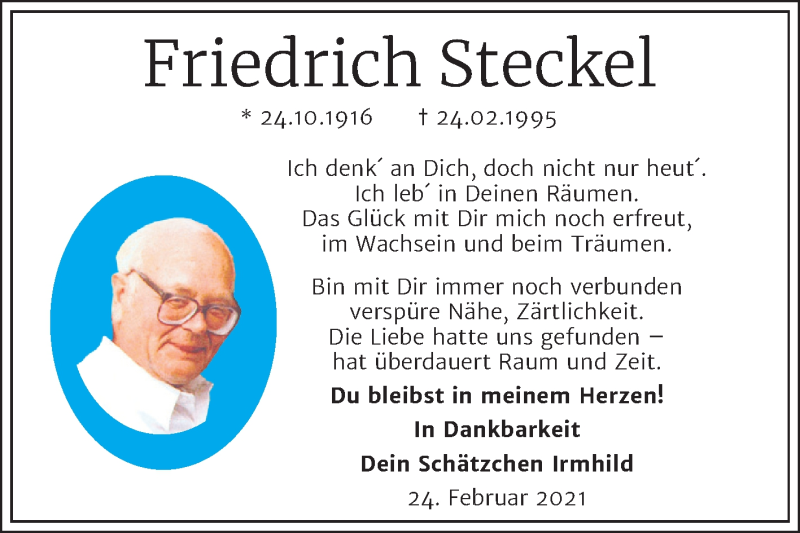  Traueranzeige für Friedrich Steckel vom 24.02.2021 aus Mitteldeutsche Zeitung Halle/Saalkreis