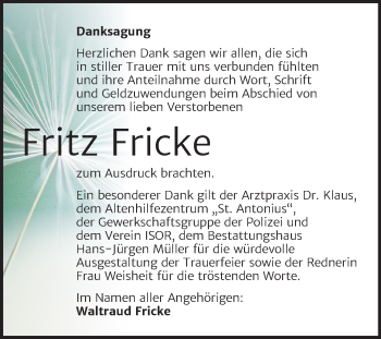 Traueranzeige von Fritz Fricke von Super Sonntag Aschersleben