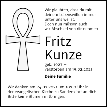 Traueranzeige von Fritz Kunze von Mitteldeutsche Zeitung Bitterfeld