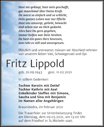 Traueranzeige von Fritz Lippold von Mitteldeutsche Zeitung Merseburg/Querfurt