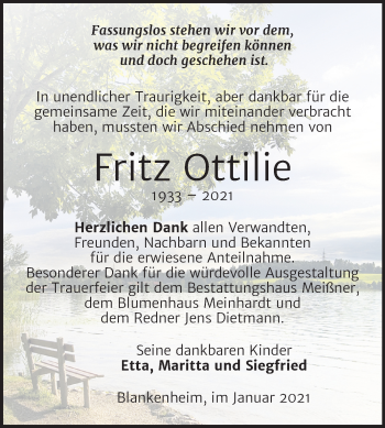 Traueranzeige von Fritz Ottilie von Mitteldeutsche Zeitung Sangerhausen