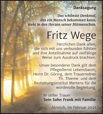 Traueranzeige von Fritz Wege von Super Sonntag Naumburg/Nebra