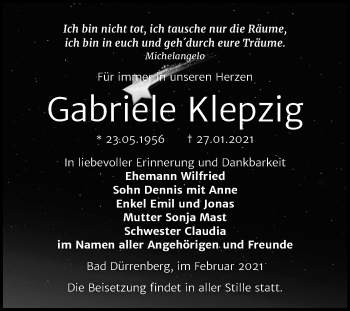Traueranzeige von Gabriele Klepzig von Super Sonntag Merseburg/Querfurt