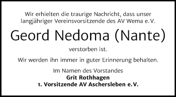Traueranzeige von Geord Nedoma von Super Sonntag Aschersleben
