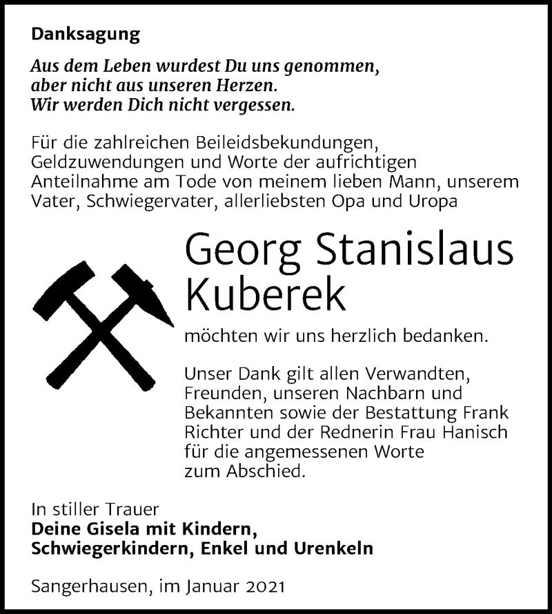 Traueranzeige für Georg Stanislaus Kuberek vom 26.02.2021 aus Mitteldeutsche Zeitung Sangerhausen