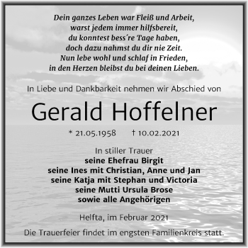 Traueranzeige von Gerald Hoffelner von Super Sonntag Mansfelder Land