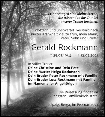 Traueranzeige von Gerald Rockmann von Mitteldeutsche Zeitung Sangerhausen