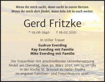Traueranzeige von Gerd Fritzke von Mitteldeutsche Zeitung Halle/Saalkreis