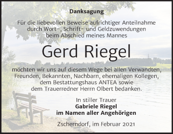 Traueranzeige von Gerd Riegel von Mitteldeutsche Zeitung Bitterfeld