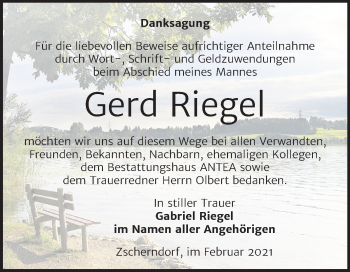 Traueranzeige von Gerd Riegel von Mitteldeutsche Zeitung Bitterfeld