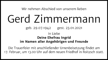 Traueranzeige von Gerd Zimmermann von Mitteldeutsche Zeitung Bitterfeld