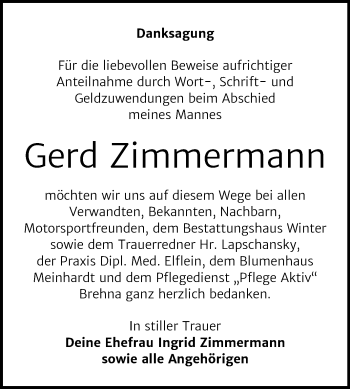 Traueranzeige von Gerd Zimmermann von Mitteldeutsche Zeitung Bitterfeld