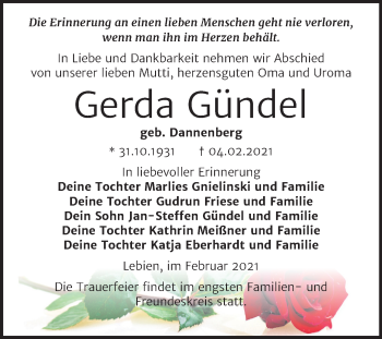 Traueranzeige von Gerda Gündel von Super Sonntag Wittenberg