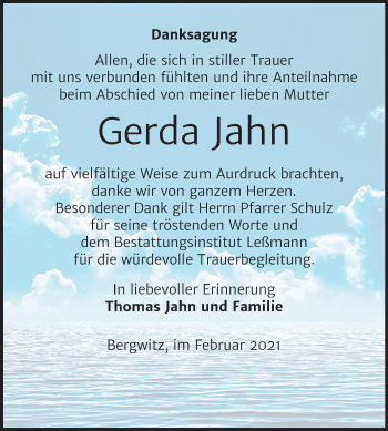 Traueranzeige von Gerda Jahn von Mitteldeutsche Zeitung Wittenberg