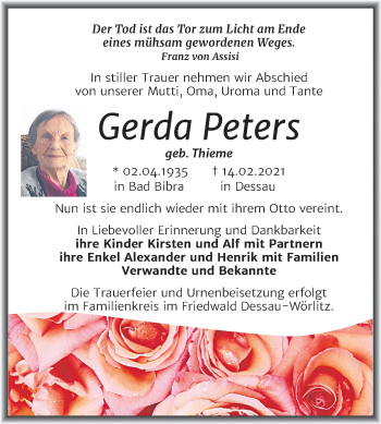 Traueranzeige von Gerda Peters von Super Sonntag Naumburg/Nebra